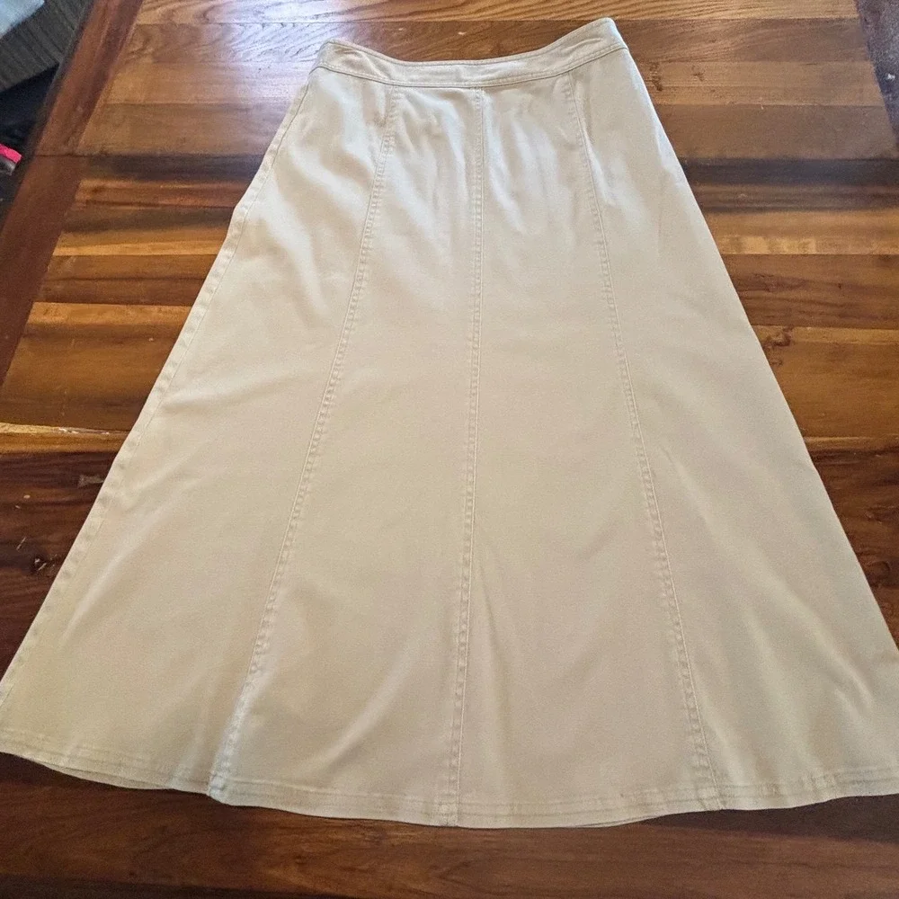 Charter Club Petite Khaki Tan A-Line Midi Skirt Size 12P Cotton Stretch Paneled